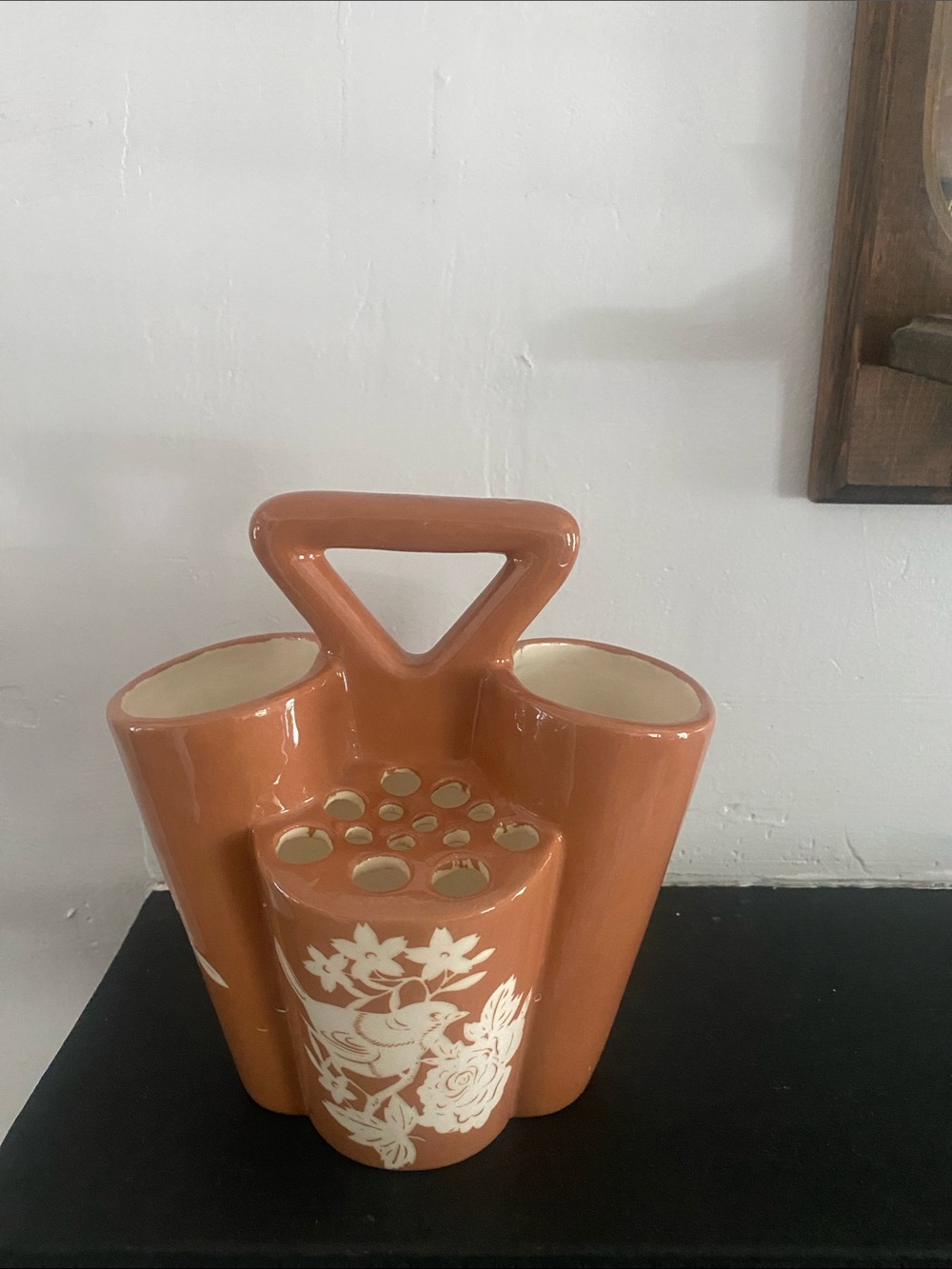 Vintage 1980s Ceramic Floral & Bird Vase Caddy Organizer - Signed JS '86